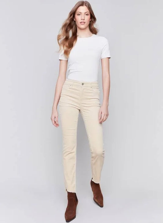 Charlie B Corduroy Asymmetrical Hem Boot cut Pant Natural