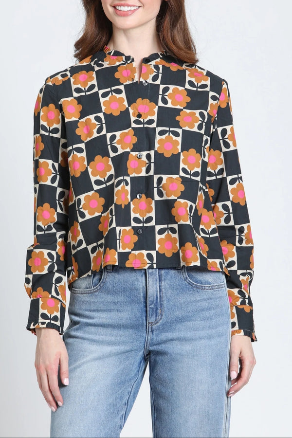 Cropped Shirt w/ruffle detail/ Hot Cocoa Bloom