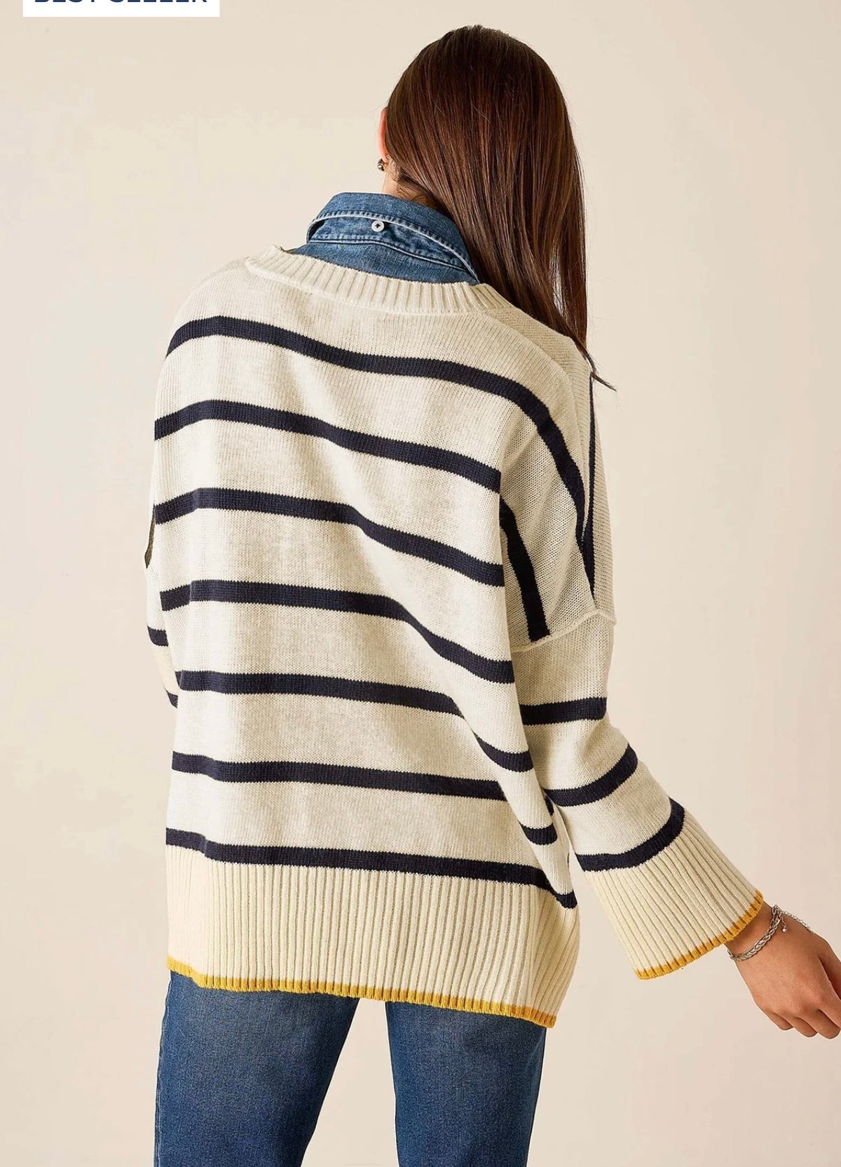Montauk Vneck Sweater/ cream/ navy/ gold