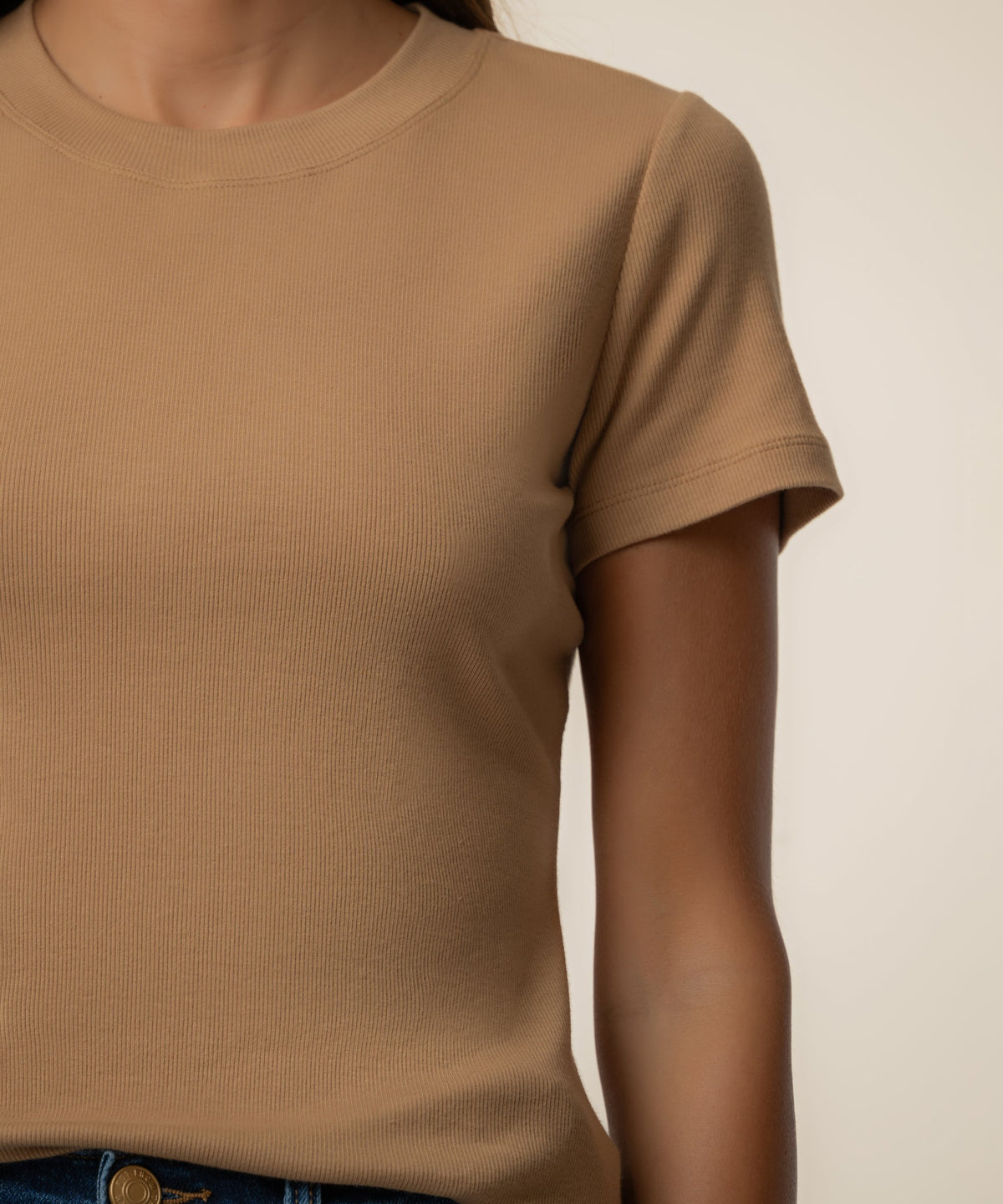 Langley short sleeve rib top/ camel
