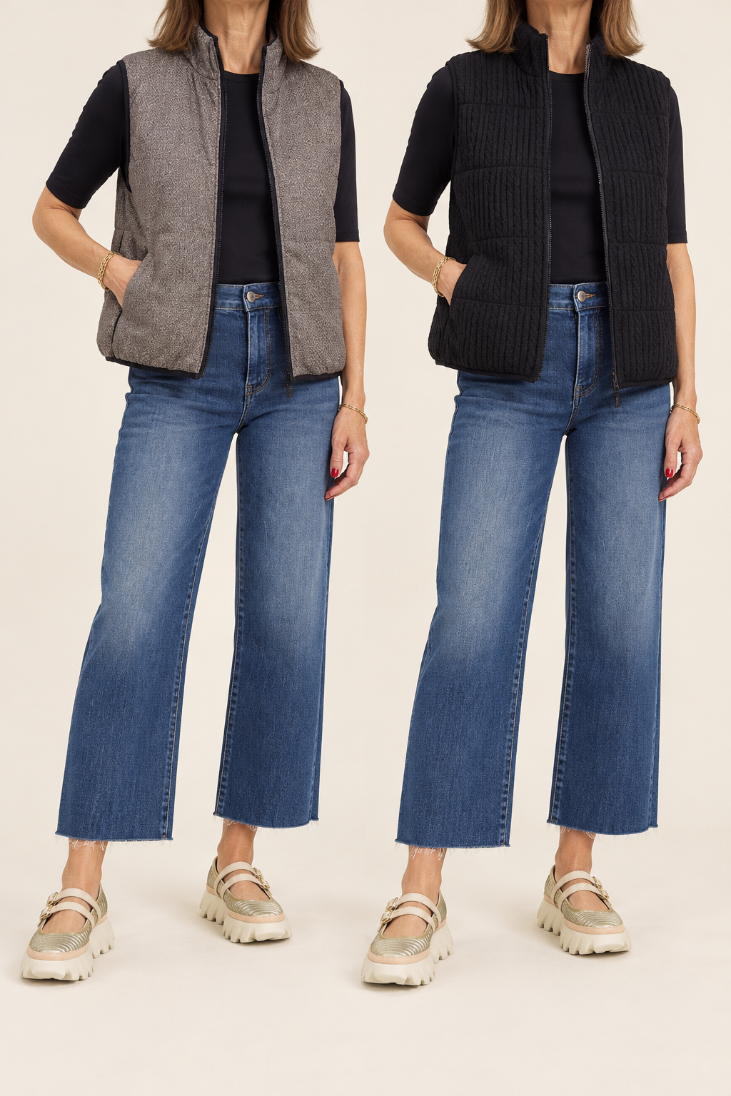 Rowyn reversible puffer vest/ donegal tweed