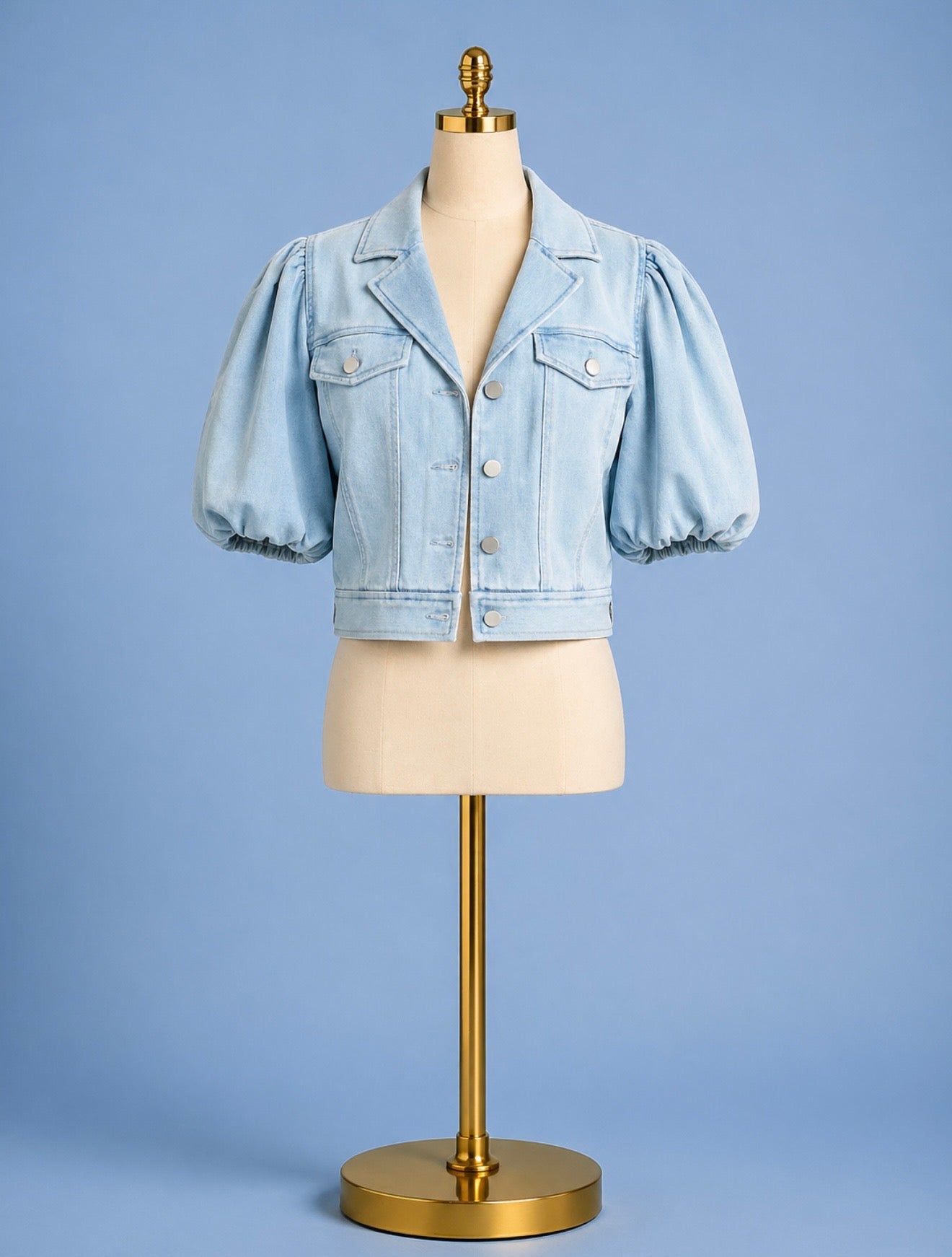 Puff sleeve cropped trucker jacket/ marine sea
