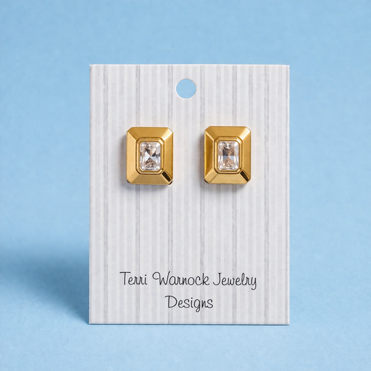 Gold square earrings with bling