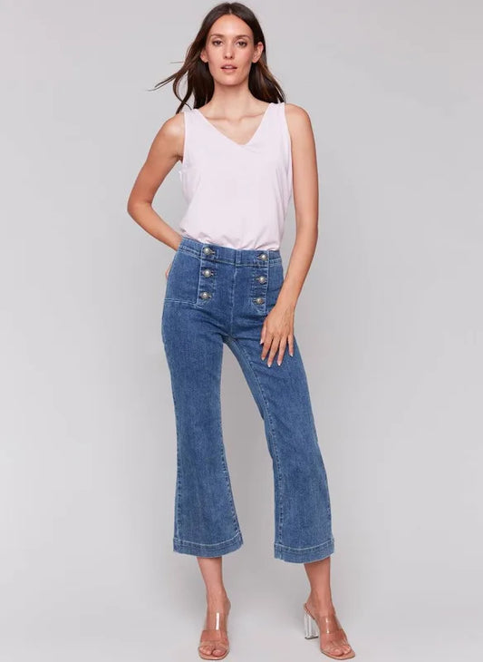 Denim Pull on Flare pant with front button/ Bleu Moyen
