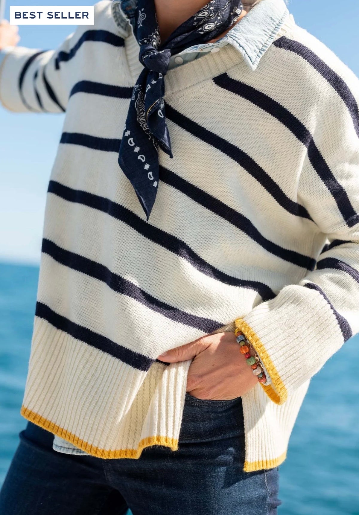 Montauk Vneck Sweater/ cream/ navy/ gold