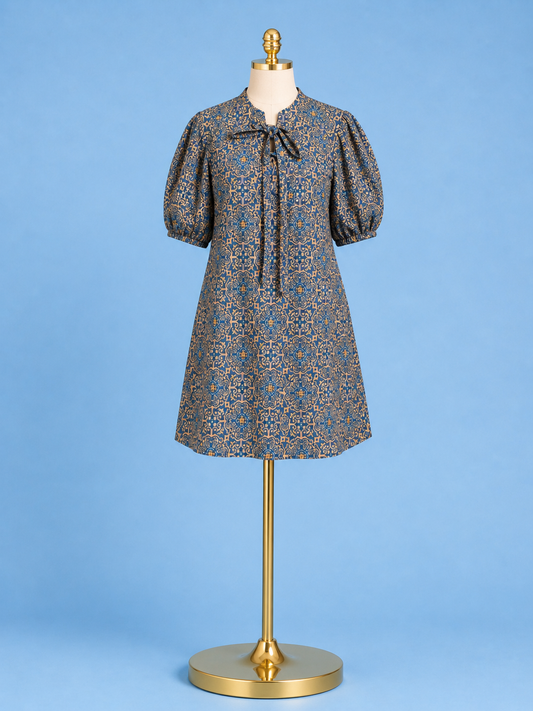 Laced up dress/ indigo multi