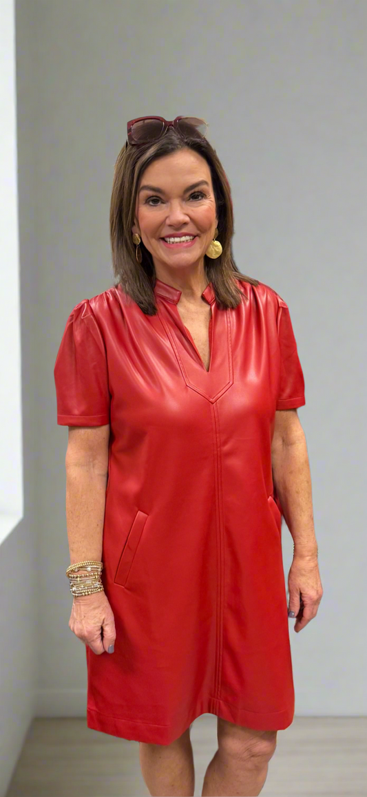 Red Vegan leather chemise dress