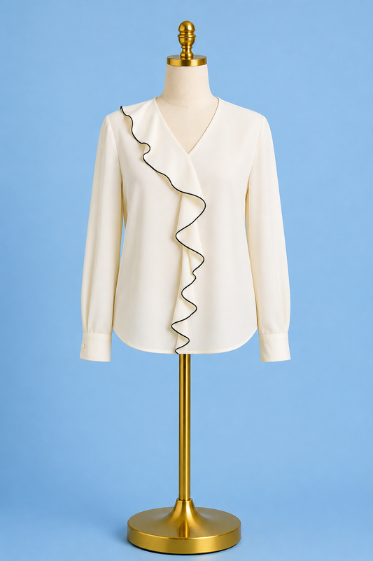 Marianne V Neck Ruffle Blouse/ Chalk