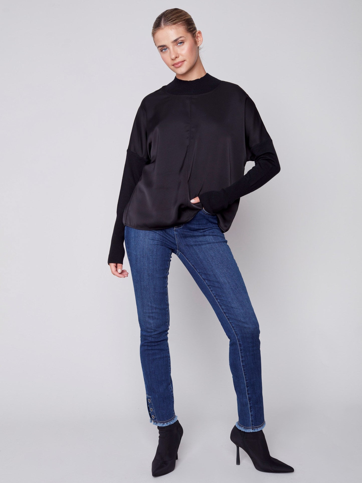 Charlie B satin-knit mock neck top in black