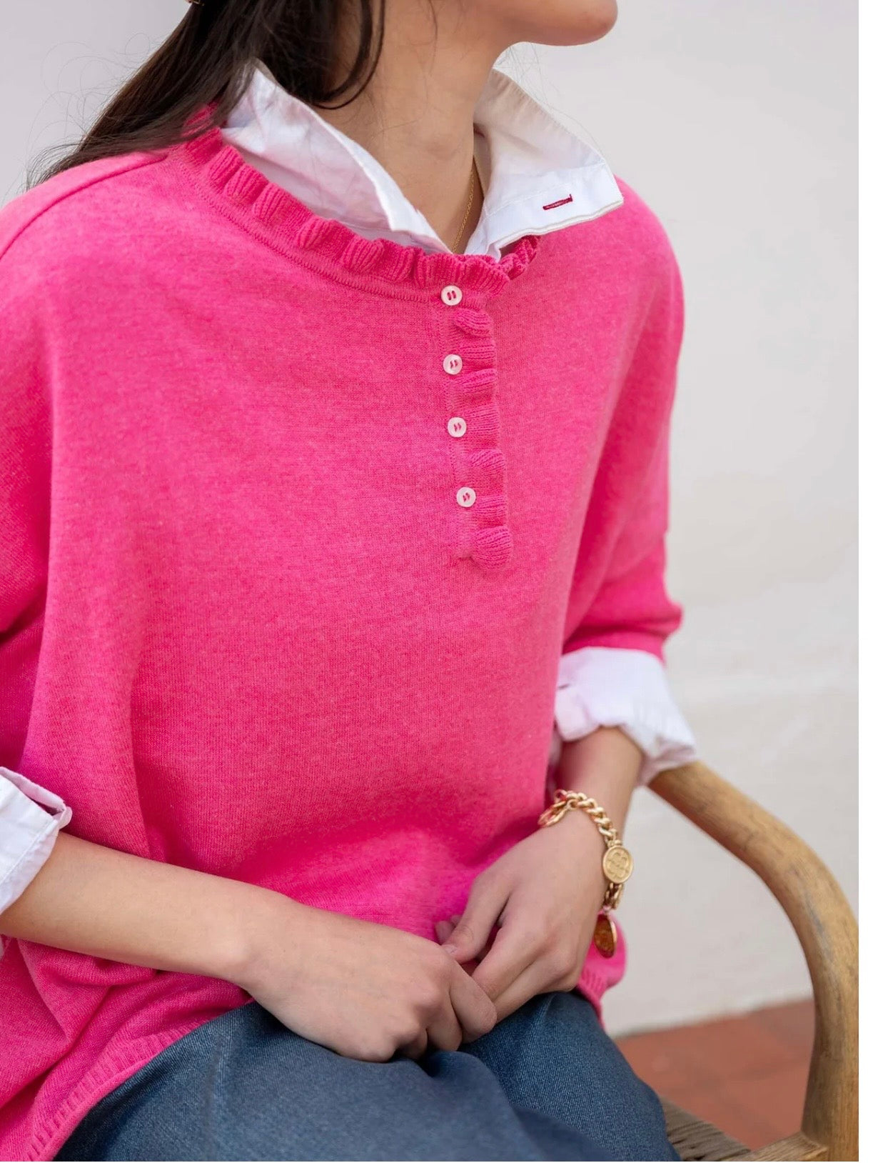 Catalina Cotton Ruffle Henley / Fuscia