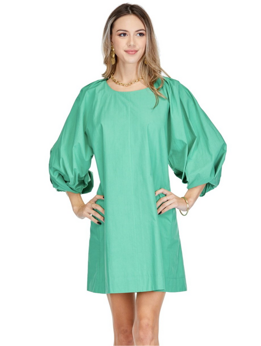 Pleated Puff Sleeve Dress/ Green