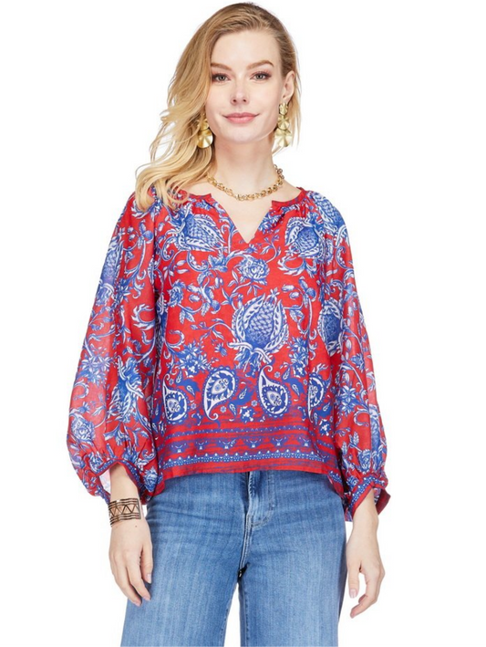 Peasant Bishop Sleeve Top / blue vines