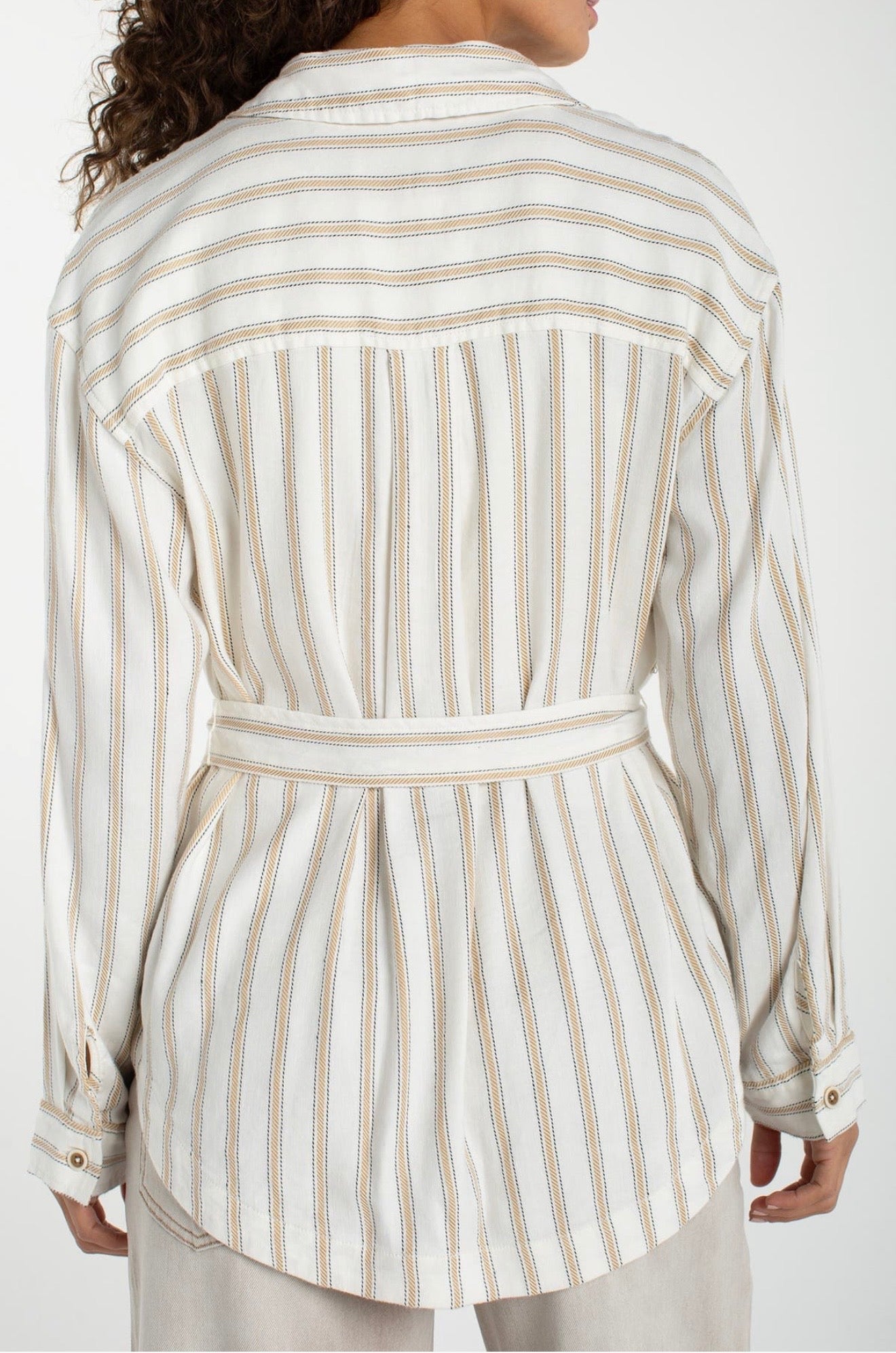 Belted Shacket/ cream/tan regency stripe