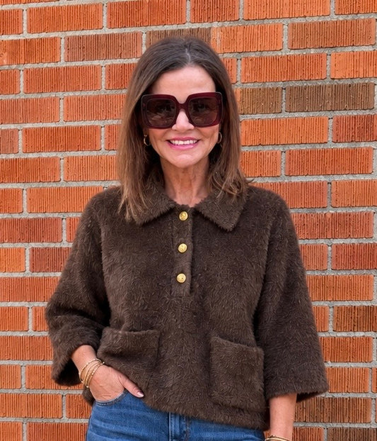 Fuzzy Pocket Polo Sweater/ Chocolate Brown