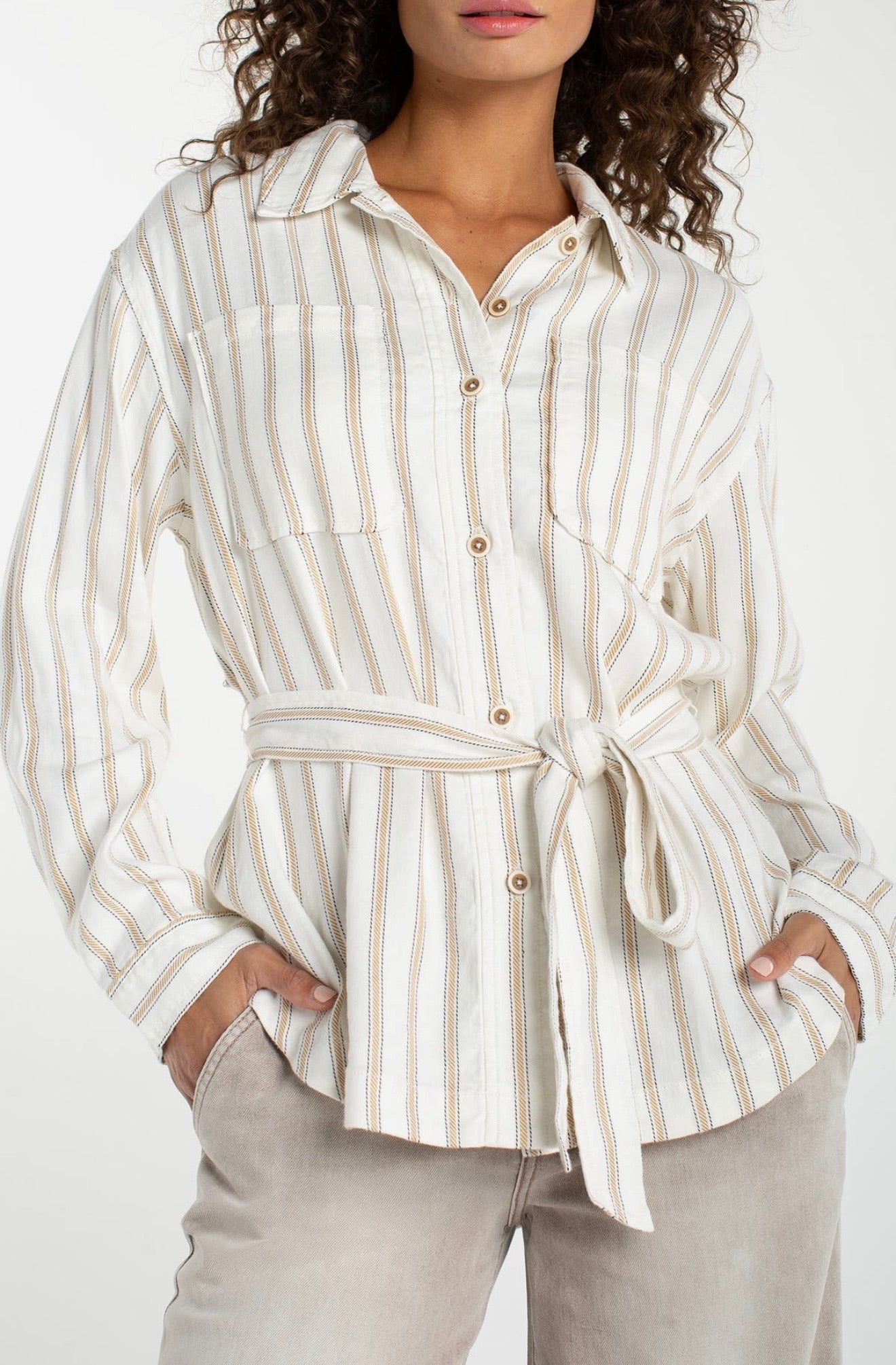 Belted Shacket/ cream/tan regency stripe