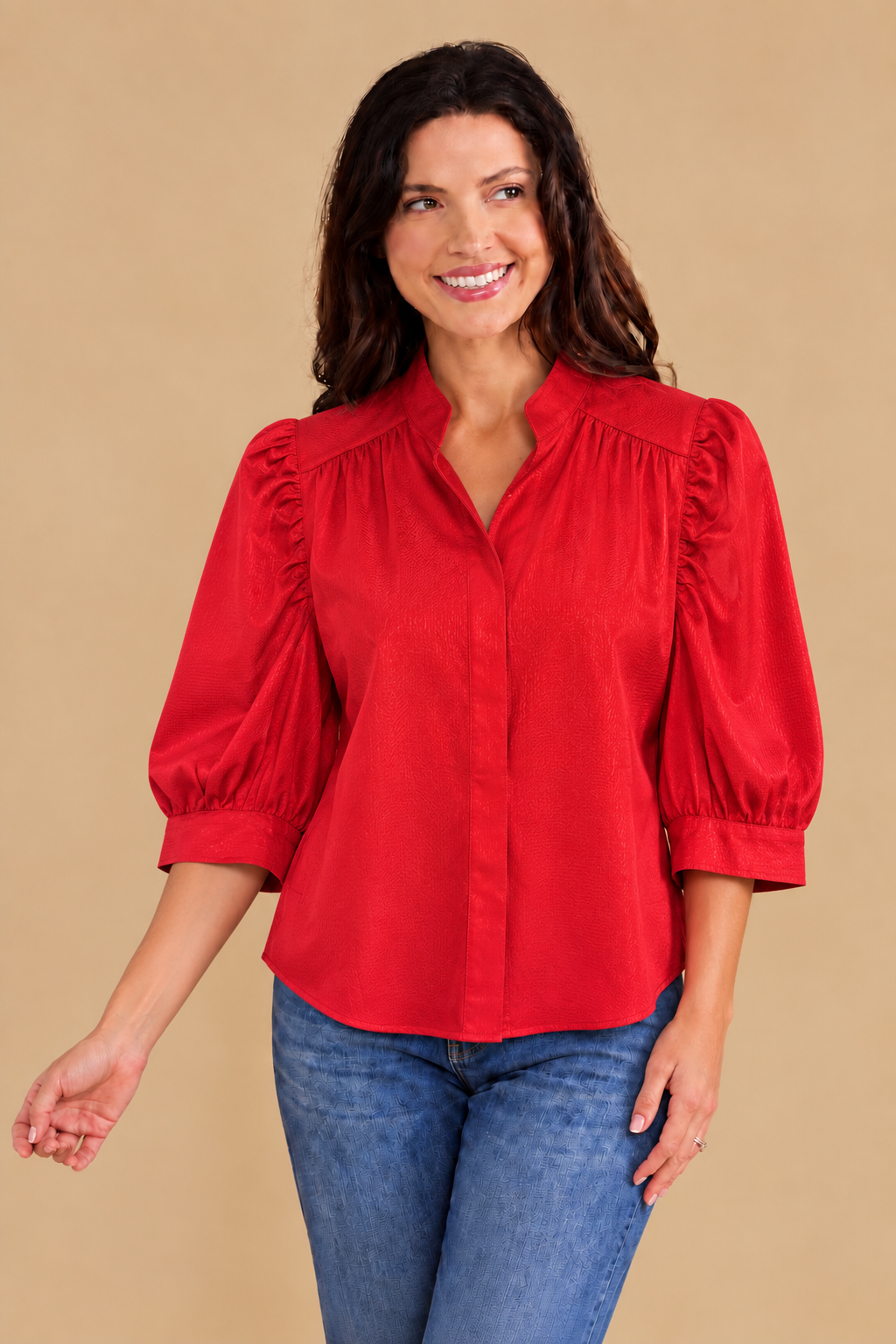 Ruched Sleeve Shirt / red
