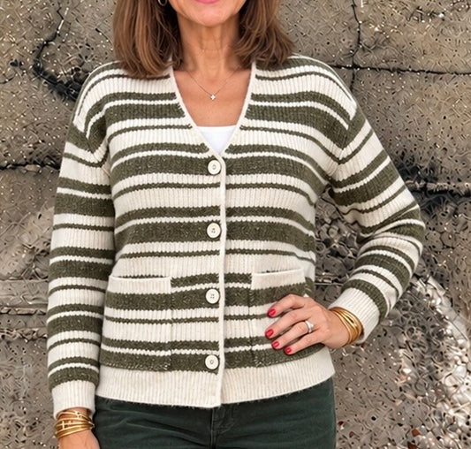 Button Front Cardigan Sweater/ oatmeal olive stripe