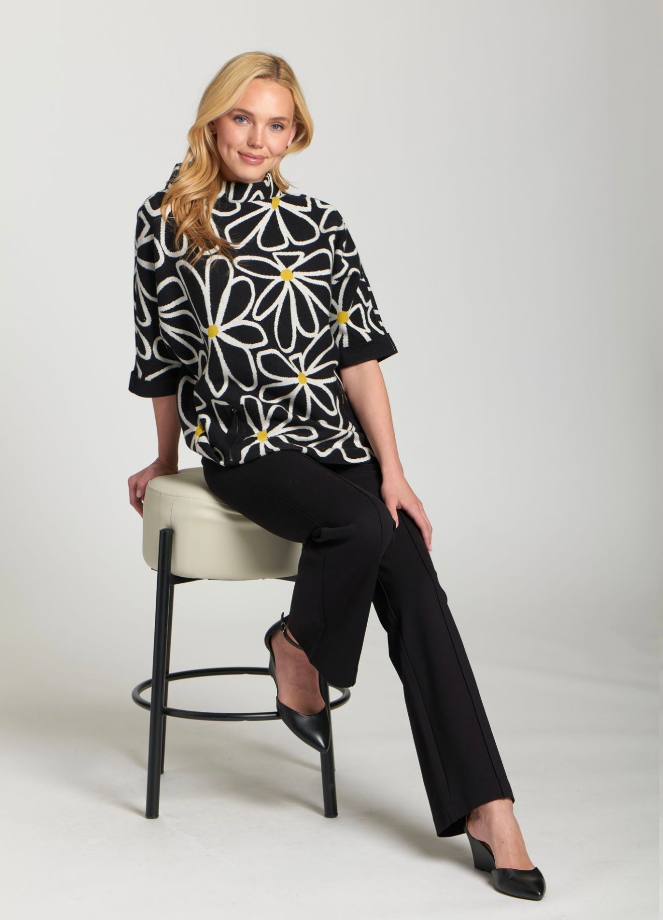 Whimsical Floral Sweater / black white