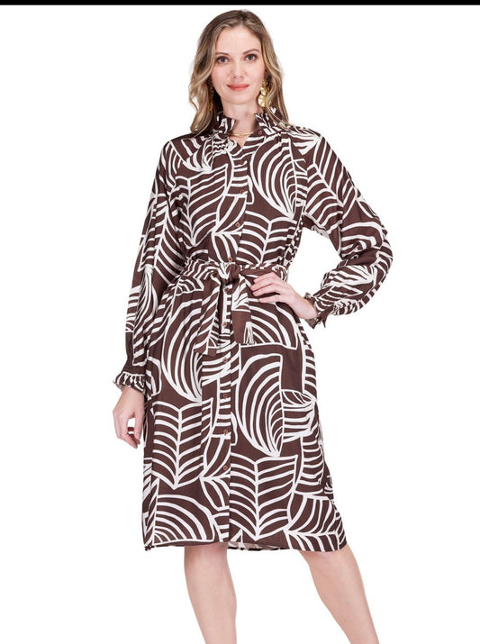 Gathers Neck Midi Dress/ Brown Ferns