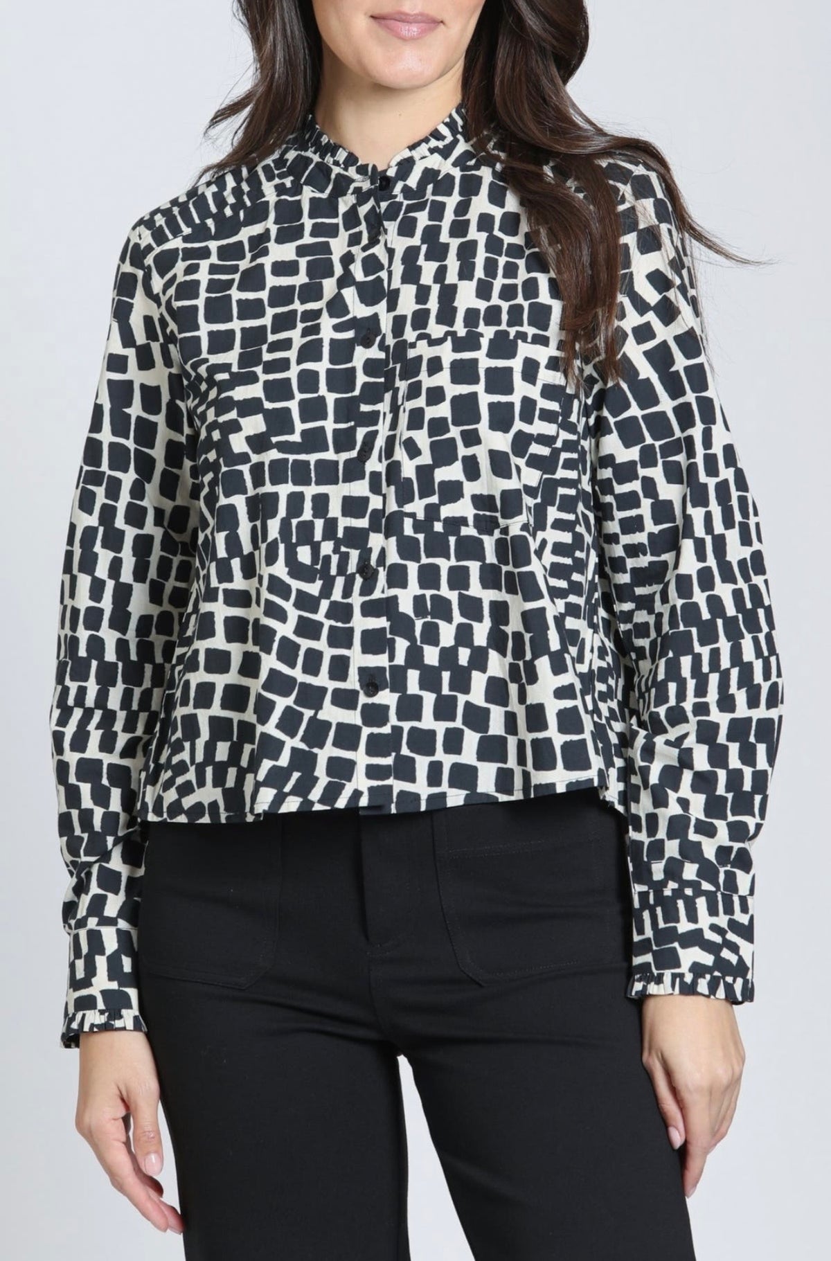 Cropped shirt with ruffle detail/ Ink on Parchment