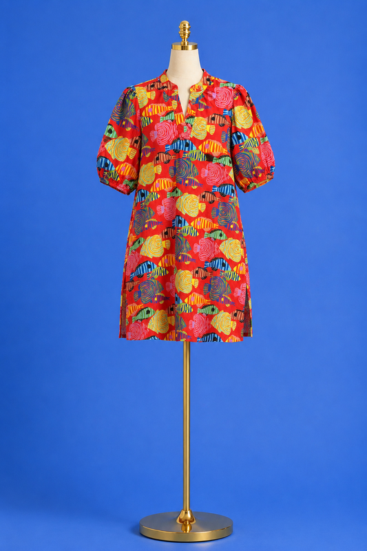Tunic Dress with puff sleeves/ red multi
