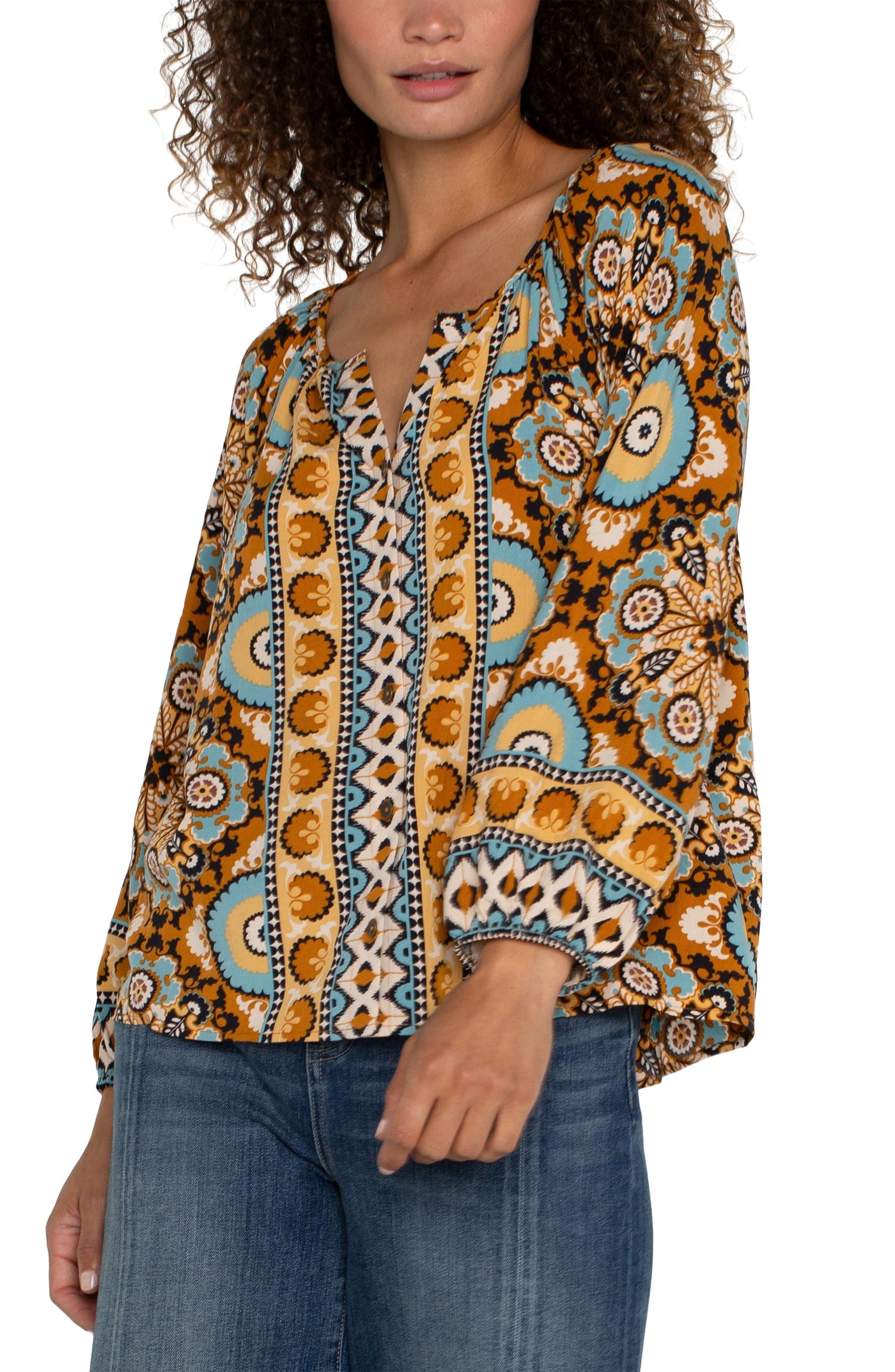 Liverpool Long Sleeve Button Front Woven Blouse-Ocean Jasper