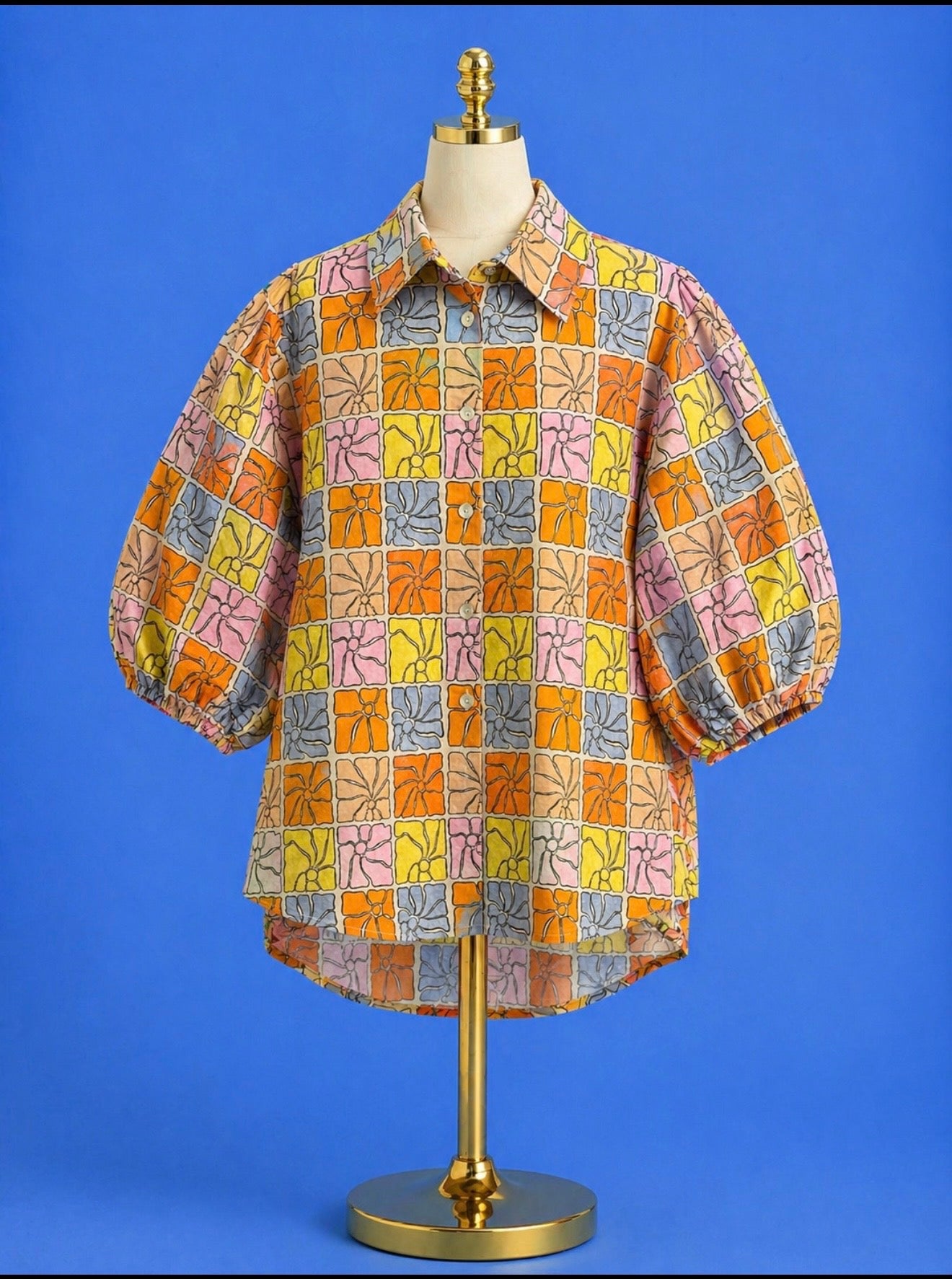 Blouson Front Button Shirt/ yellow multi