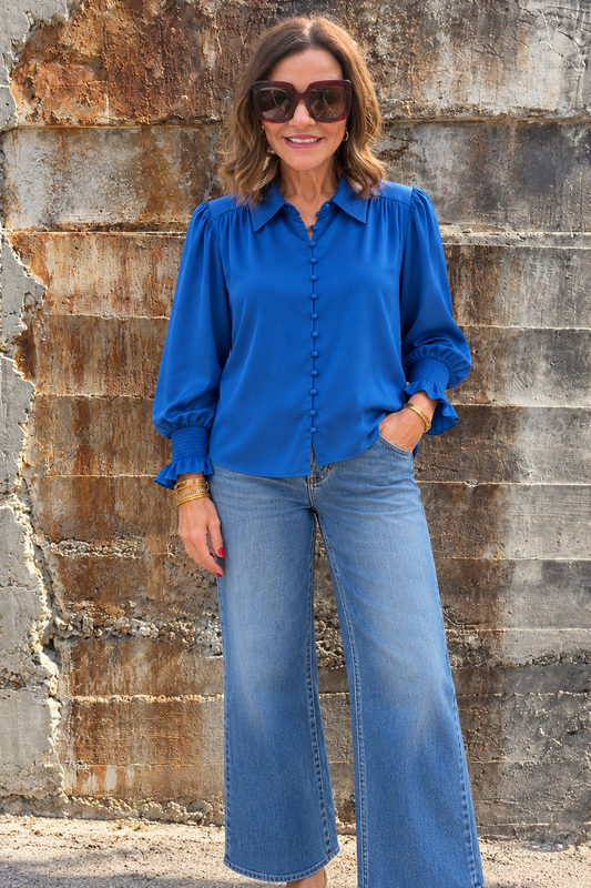 Button front blouse/ turquoise