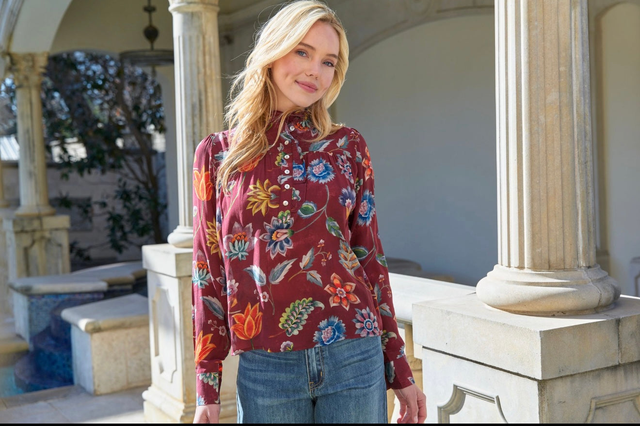 Ruffle Half Placket Blouse / wine multi