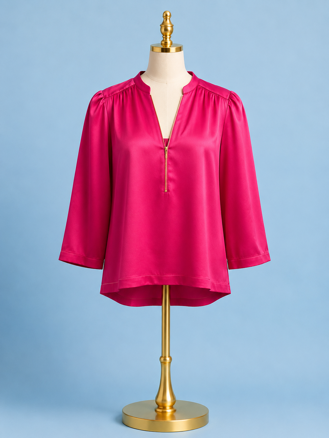 V-neck Zipper Blouse/ Berry