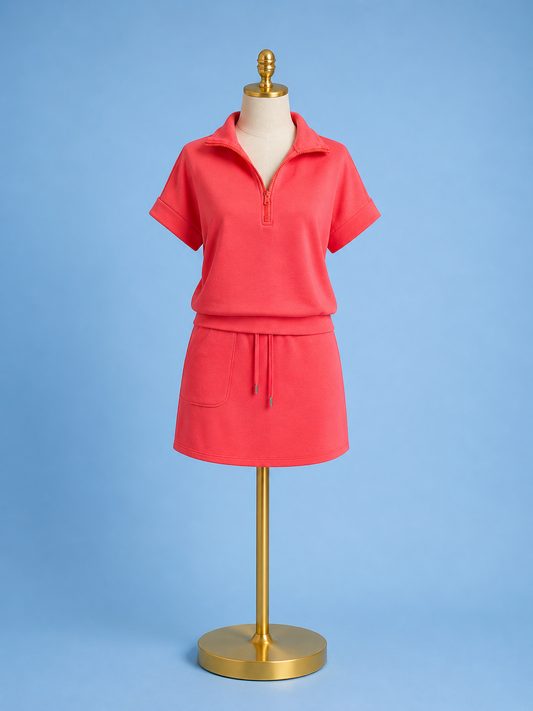 Half zip popover top/ sunset coral