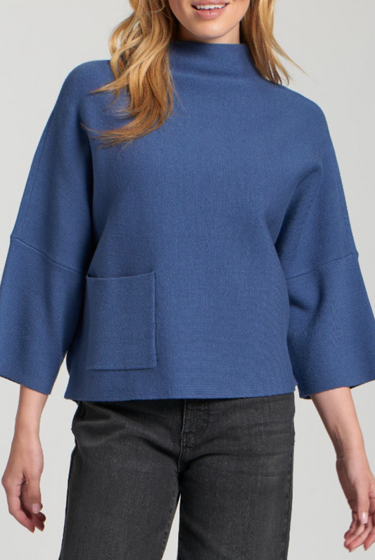 Funnel Neck Sweater with patch pocket/ Denim Blue