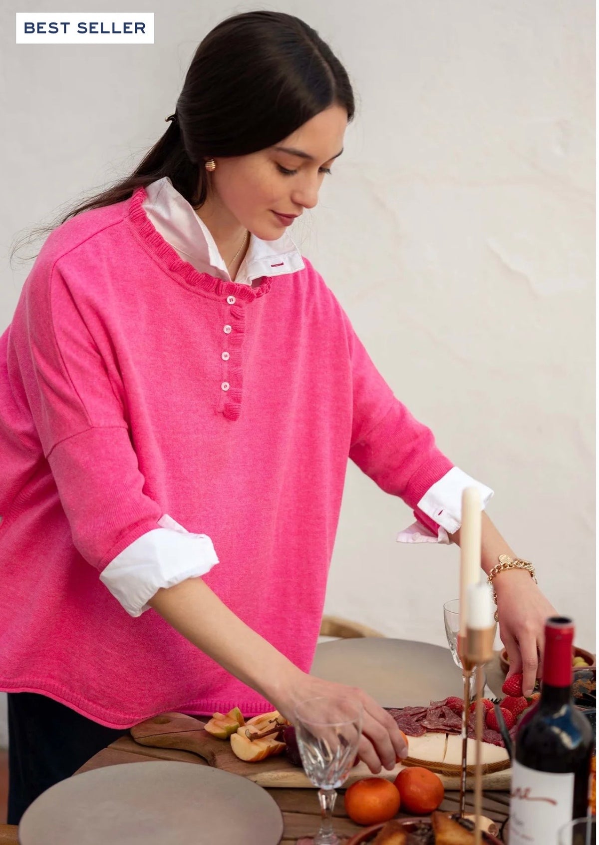 Catalina Cotton Ruffle Henley / Fuscia