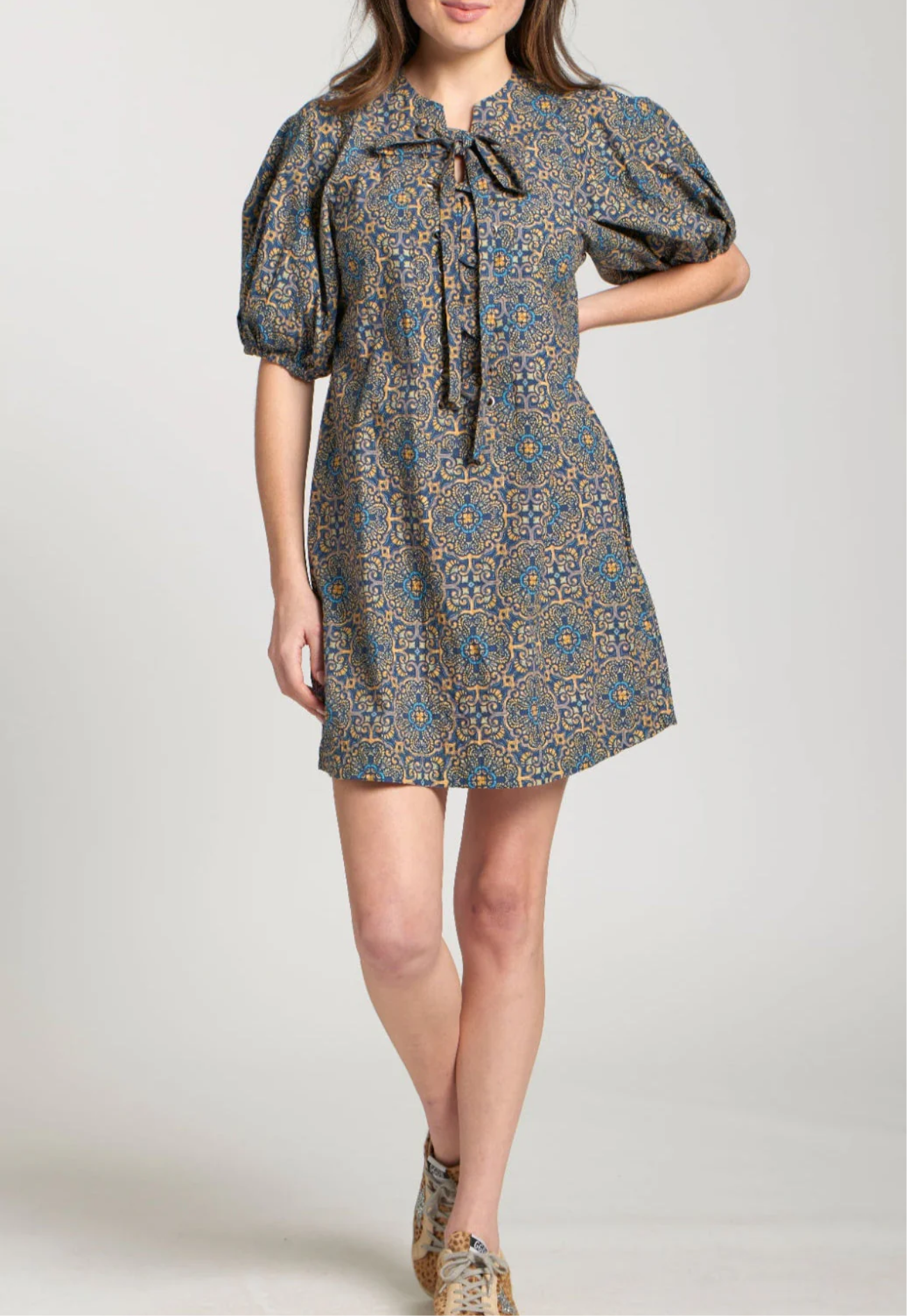 Laced up dress/ indigo multi