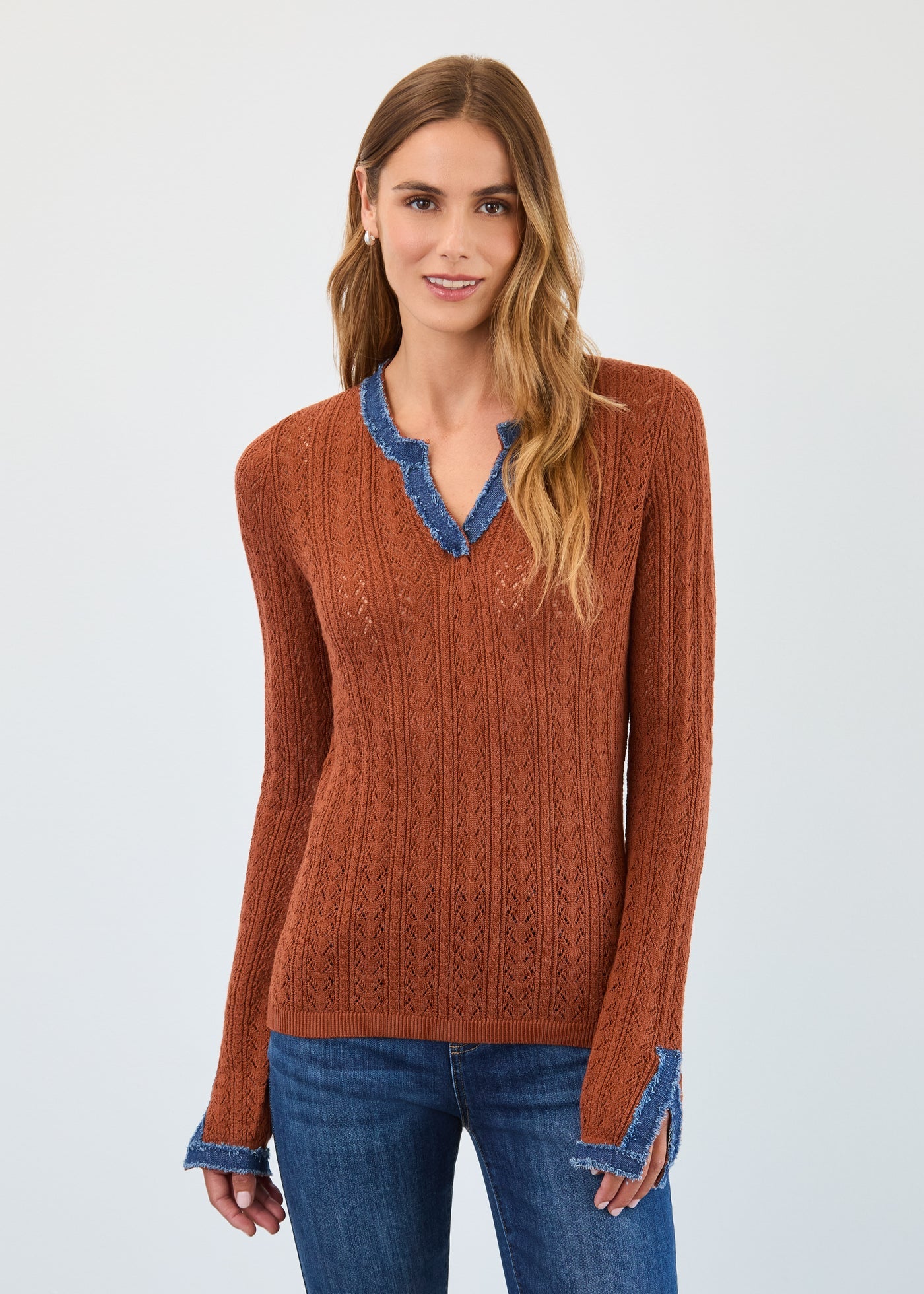 Pointelle fine gauge chambray sweater