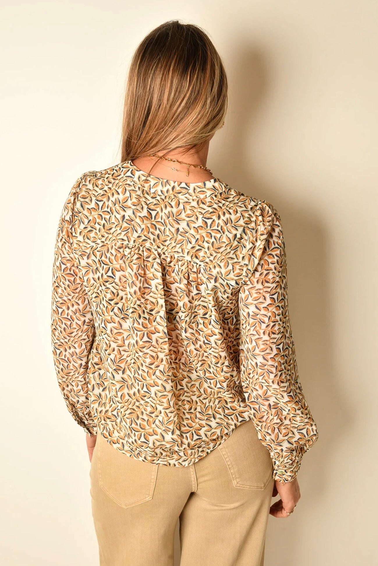 Lace up front woven blouse / gold blue multi