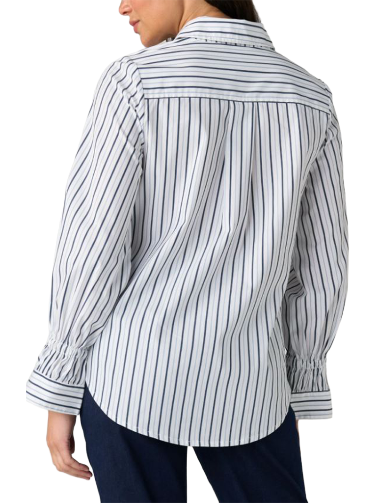 Woven button front top with adjustable sleeves / white navy