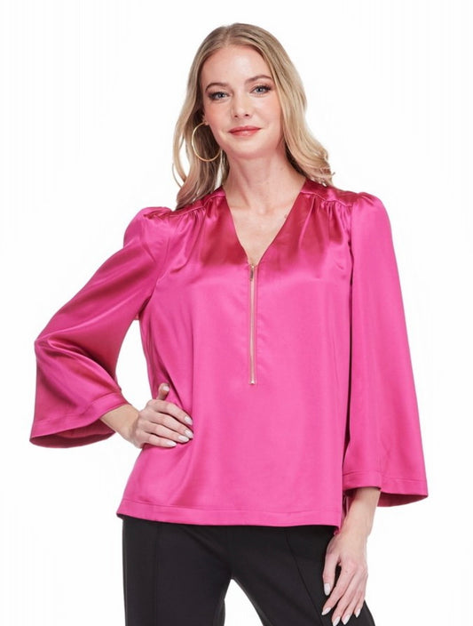 V-neck Zipper Blouse/ Berry