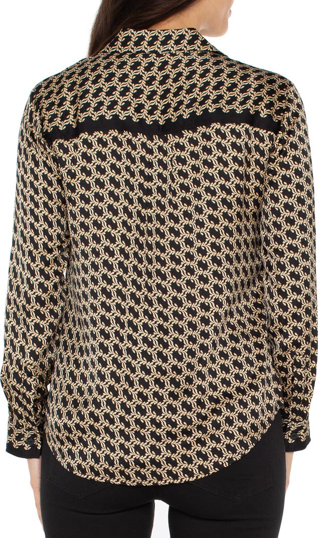 Abstract print button up blouse/ black gold combo