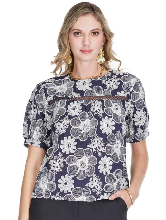 Yoke trimmed top/ navy floral