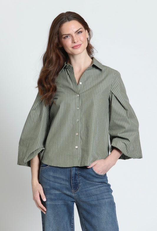 Blouson Front Button Shirt/ Olive Drift Stripe