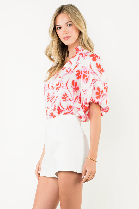 Puff sleeve v neck top/ pink