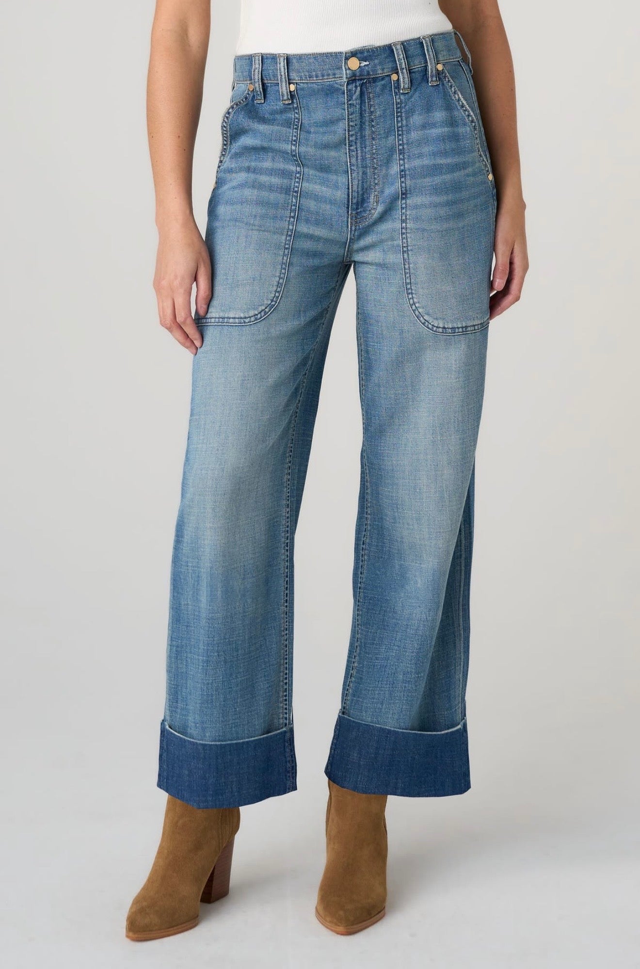 High Rise relaxed straight jean with utility pockets/ dusk breeze