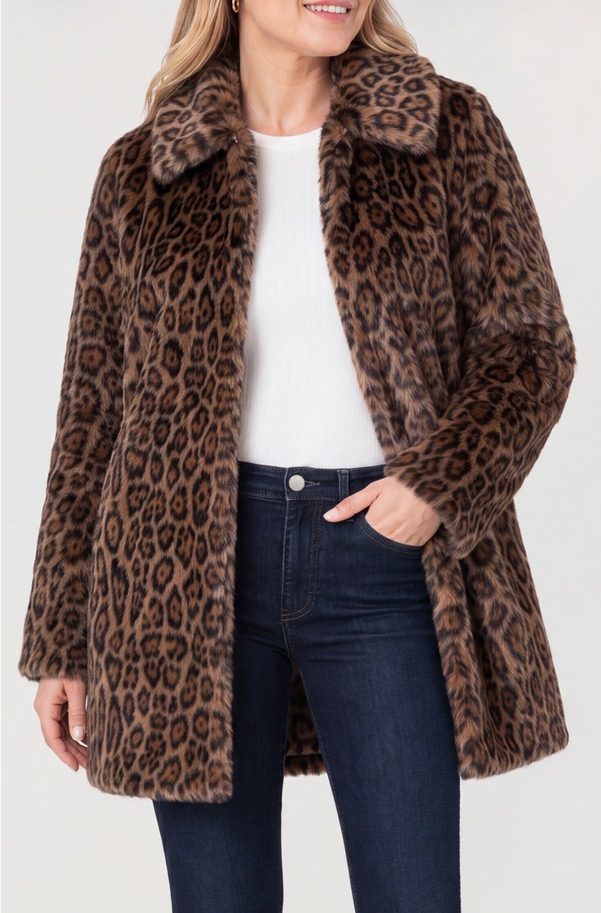 Collared Faux Fur Coat/ brown multi