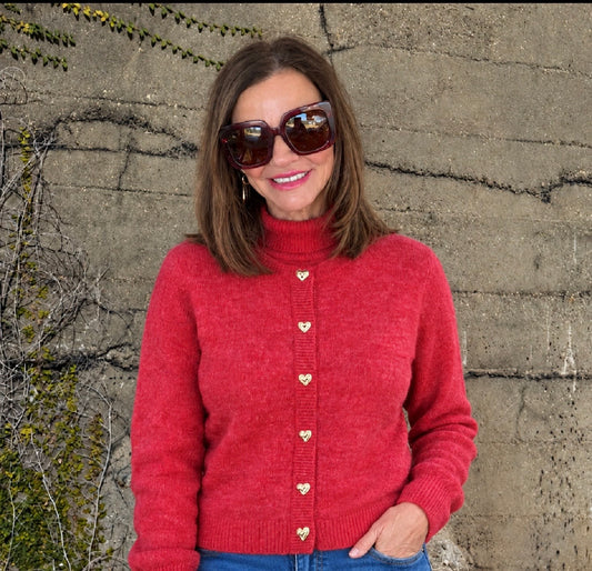 Heart Button Cardigan sweater/ raspberry