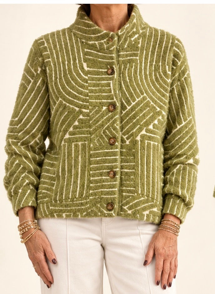 Abstract Line Grid Cropped Cozy Cardigan