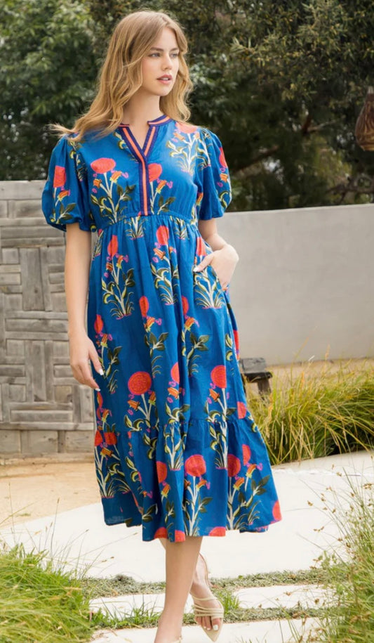 THML Puff Sleeve Flower Print Maxi Dress