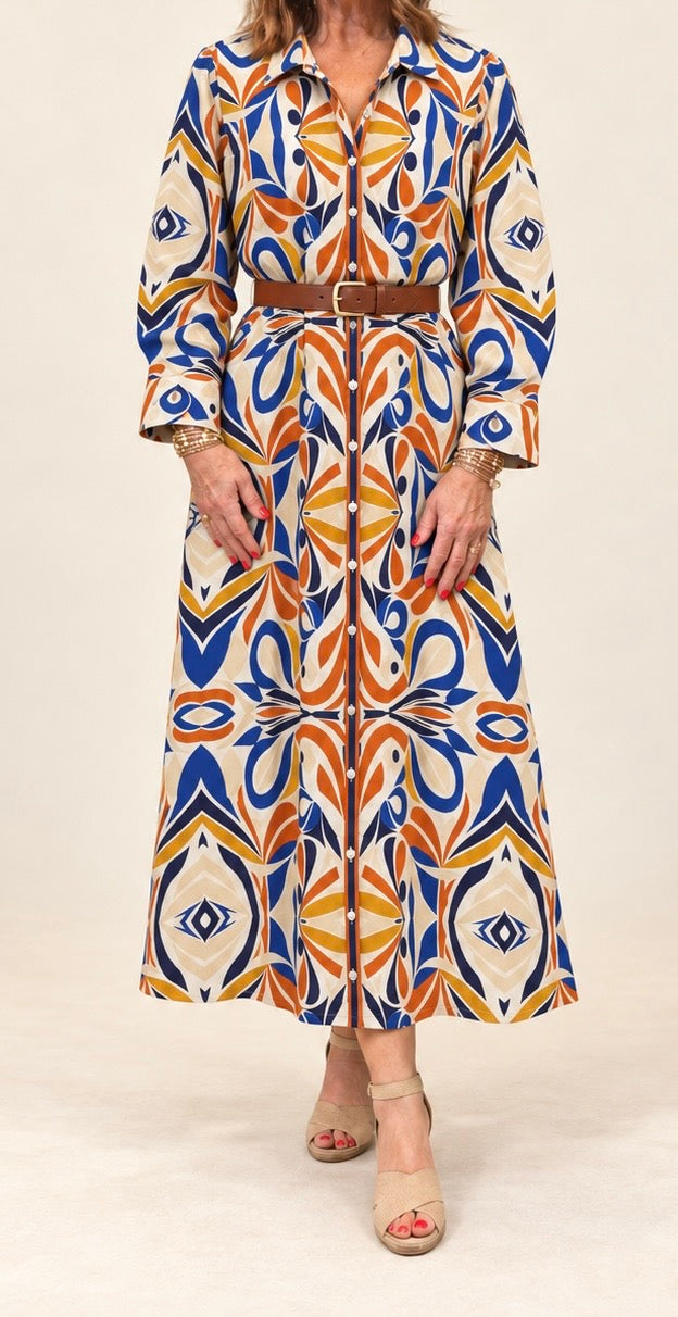 Long sleeve shirt dress/ blue multi