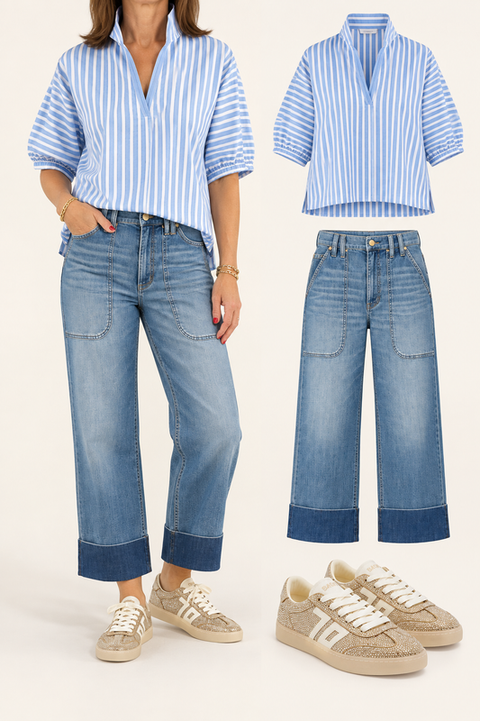 High Rise relaxed straight jean with utility pockets/ dusk breeze
