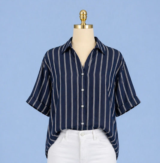 Brenda Boxy top/ indigo white stripe